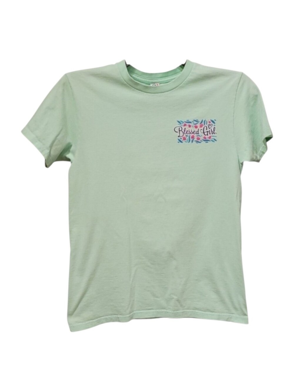 Blessed Girl tee front logo back bible verse pale green cotton Christian